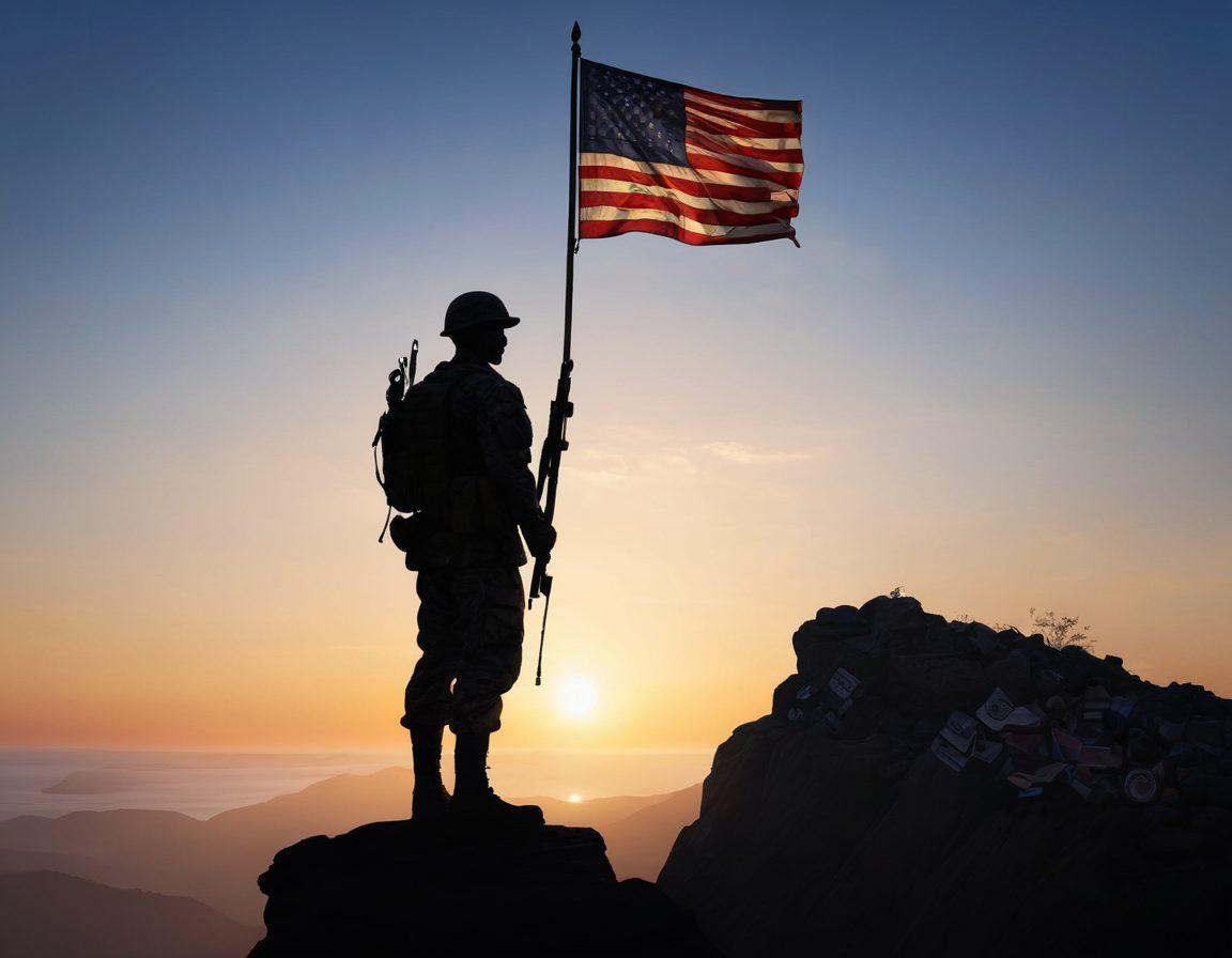 A powerful silhouette of a soldier standing tall on a cliff's edge, overlooking a sunrise that symbolizes hope and resilience. Surround the soldier with subtle symbols of bravery like medals and a waving flag. In the foreground, a stack of books and resources to represent knowledge and support for veterans. The scene should embody strength, courage, and empowerment. super-realistic. vibrant colors. clear blue sky.