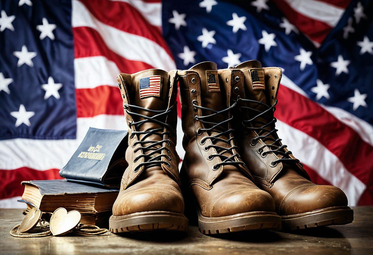 A patriotic composition featuring a pair of sturdy military boots at the forefront, with a faded American flag in the background. Add a glowing light shining on various icons representing military support such as medals, a heart symbol, and resources like books or documents. The atmosphere should evoke a sense of strength and support for veterans and service members. super-realistic. vibrant colors. white background.