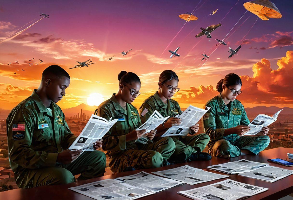A bold illustration of a diverse group of military personnel engaged in reading newspapers and using tablets, surrounded by digital icons of news and education symbols like books and satellites. The background includes a vibrant sunset over a military base, signifying hope and readiness. Incorporate elements of technology and connection, such as network lines or holographic screens. super-realistic. vibrant colors. 3D.